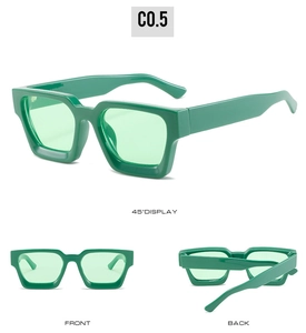 Three-view display of green square frame sunglasses showing front, back, and 45-degree angles