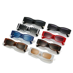 Retro rectangular sunglasses in eight stylish colors arranged on a white background