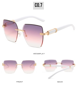 Three-view display of rimless gradient purple sunglasses with metal luxury temples