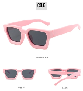 Three-angle view of pink square oversized sunglasses with thick frame and grey lenses