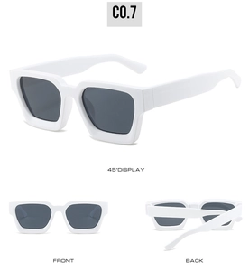 Three views of trendy white square frame sunglasses with dark grey UV protective lenses