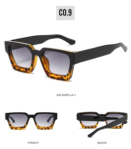 Three-angle views of square thick frame sunglasses in black and tortoiseshell pattern
