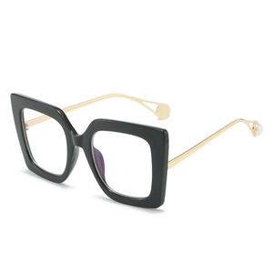 Classic oversized square black frame glasses with gold metal temples and pearl detailing