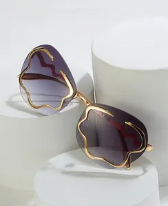 Détail de lunettes de soleil dégradées violettes avec décor doré sur socle blanc