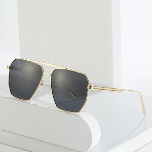 Modern double bridge polarized sunglasses with gold metal frame and grey lenses