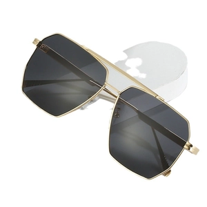 Modern double bridge oversized sunglasses with gold metal frame and dark grey lenses