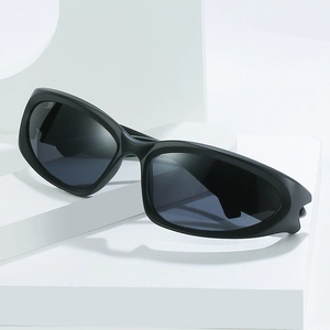 Steampunk black sporty oval sunglasses with matte frame on a minimalist white stand