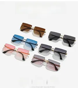 Flat lay of rimless square sunglasses in six gradient colors with metal frames