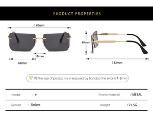 Detailed dimension guide for rimless square sunglasses with gold metal temples