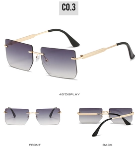 Three-angle view of rimless square sunglasses with purple gradient lenses and gold frames