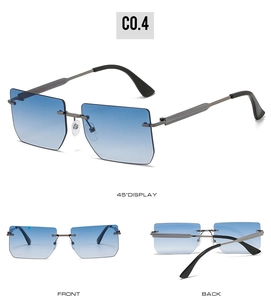 Multi-angle views of rimless square sunglasses with blue gradient lenses and metal frames