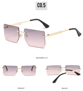 Detailed views of rimless square sunglasses with gradient purple lenses and gold frame