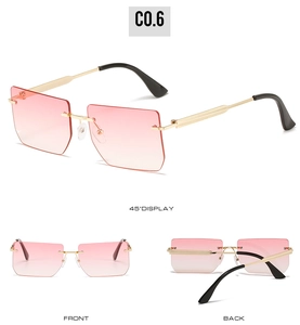 Three-view display of rimless gradient pink square sunglasses with gold metal frames