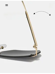 Macro detail of golden metal hinge and durable texture on rimless square sunglasses