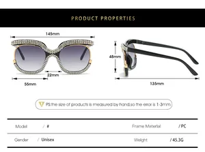 Size chart showing exact dimensions of oversized rhinestone sunglasses in millimeters