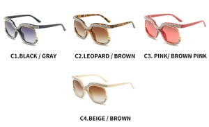 Detail view of stylish oversized sunglasses with rhinestone-encrusted frames in four colors