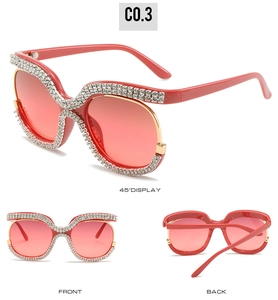 Detailed multi-angle views of oversized red sunglasses with crystal-encrusted frames