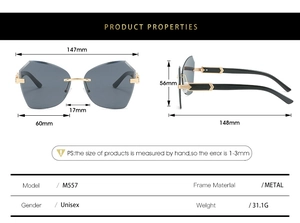 Detailed size specifications for rimless geometric sunglasses with dimensions and weight