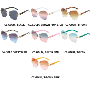 Multiple color options of rimless geometric sunglasses with gold metal frames and lenses