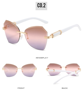 Three views showing frameless geometric gradient lenses and white temples of sunglasses