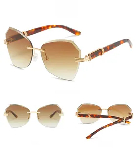 Three-angle view of rimless geometric sunglasses with brown gradient lenses and tortoise temples