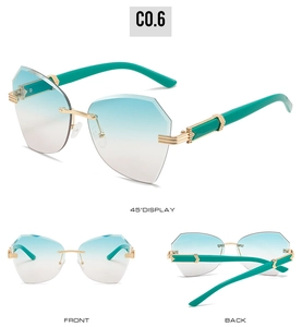 Three-angle detail of rimless sunglasses with blue gradient lenses and gold temples
