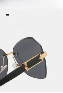 Detailed macro view of rimless polygon lenses and golden metal temples with black accents
