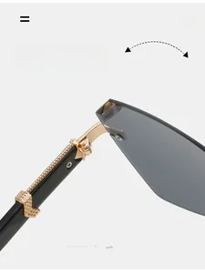 Detailed close-up of a durable gold metal hinge on rimless polygon sunglasses