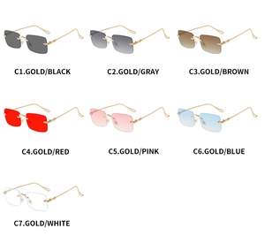 Collection de sept lunettes de soleil carrées sans monture avec branches dorées et verres dégradés