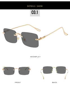 Vues détaillées de lunettes de soleil carrées sans monture avec verres gris et branches dorées