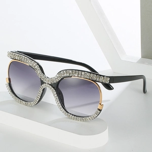 Luxury oversized black sunglasses with rhinestones and gradient purple lenses