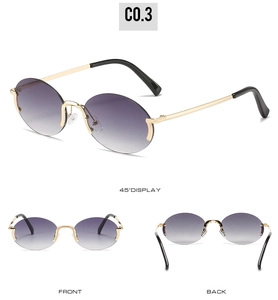 Vue en trois angles de lunettes de soleil ovales sans monture avec verres dégradés violets