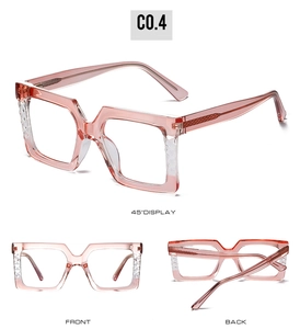 Trois vues de lunettes roses à monture carrée avec texture diamant sur les branches