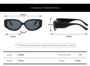 Detailed size chart of oval cat eye sunglasses showing PC frame dimensions and specifications