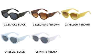 Detailed view of oval cat-eye sunglasses in multiple frame colors and tinted lenses