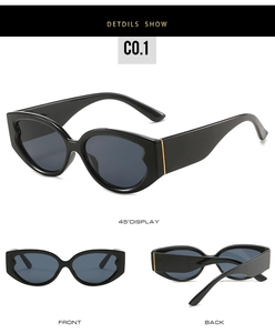 Three-angle view of glossy black heart-shaped oval sunglasses with chic metal detailing