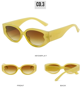 Three-angle view of vintage oval sunglasses with yellow frames and gradient brown lenses