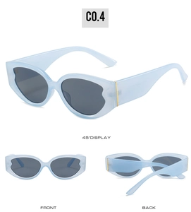 Detail view of oval ice blue sunglasses with wave edge frame and polarized gray lenses