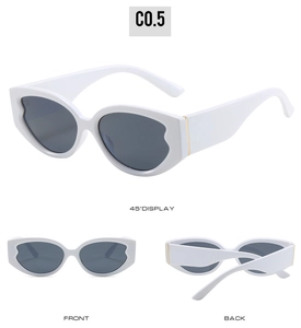 Three-view display of white cat-eye sunglasses with gold accents and dark gray lenses