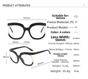 Detailed size chart for round oversized black and gold frame glasses with PC lenses
