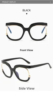 Front and side views of black oversized round glasses with gold metal inner lining