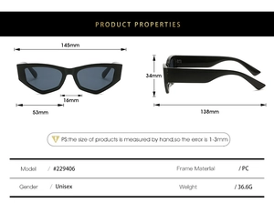 Detailed technical diagram showing dimensions and PC frame specs for cat eye sunglasses
