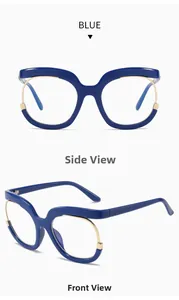 Front and side views of trendy oversized round blue glasses frames with gold metal accents