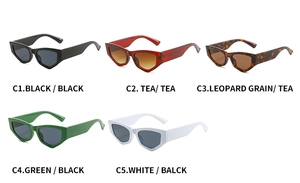 Flat lay of geometric cat eye sunglasses in black, brown, leopard, green and white