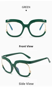 Detailed front and side views of dark green oversized semi-rimless fashion frames