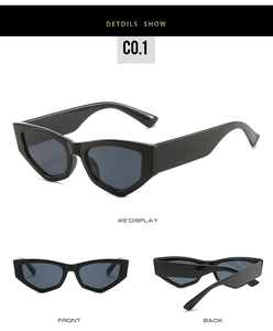 Three perspectives of black cat eye sunglasses with thick temples and dark lenses