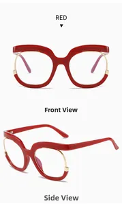 Macro detail of red and gold oversized glasses frames showing front and side views