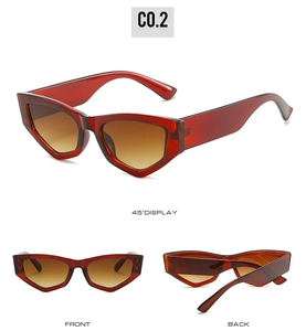 Three views of dark red cat eye sunglasses with gradient brown lenses and thick frames