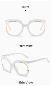 Detail view of white oversized round glasses frame with gold metal ring accents