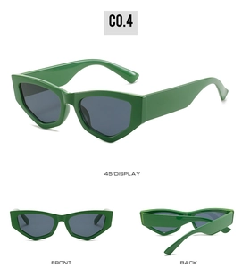 Multi-angle view of green geometric cat-eye sunglasses with thick frames and dark lenses